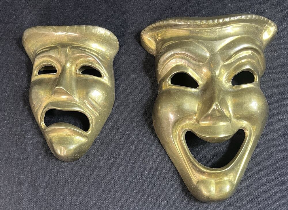Vintage Brass Comedy Tragedy Theater Masks Set of 2 Drama Wall Art Decor